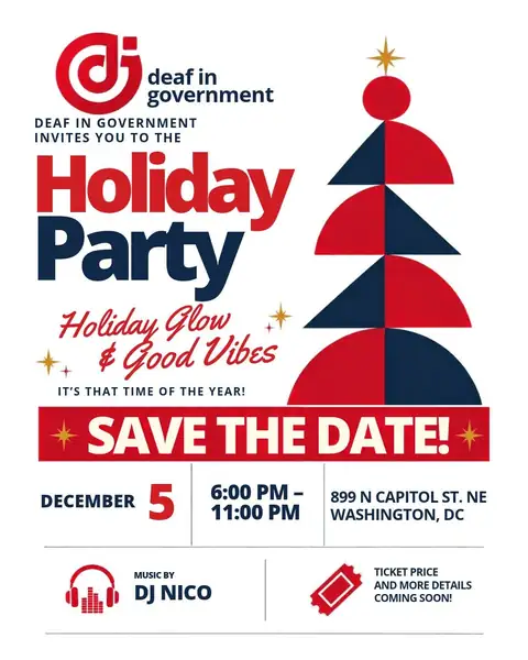 Holiday Party save-the-date flyer: Holiday Glow and Good Vibes, December 5, 6:00 to 11:00 PM, 899 N Capitol St NE, Washington, DC, music by DJ Nico. View event details.